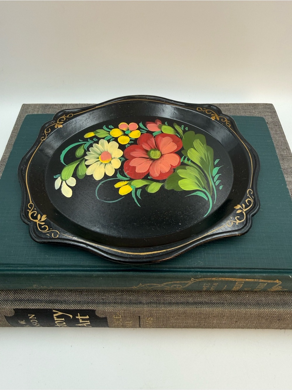 Vintage Russian Hand Painted Floral Flowers Toleware Black Serving Tray 7x6